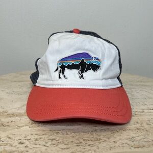 Patagonia Coral and White Trucker Hat with Buffalo Patch Snap Back
